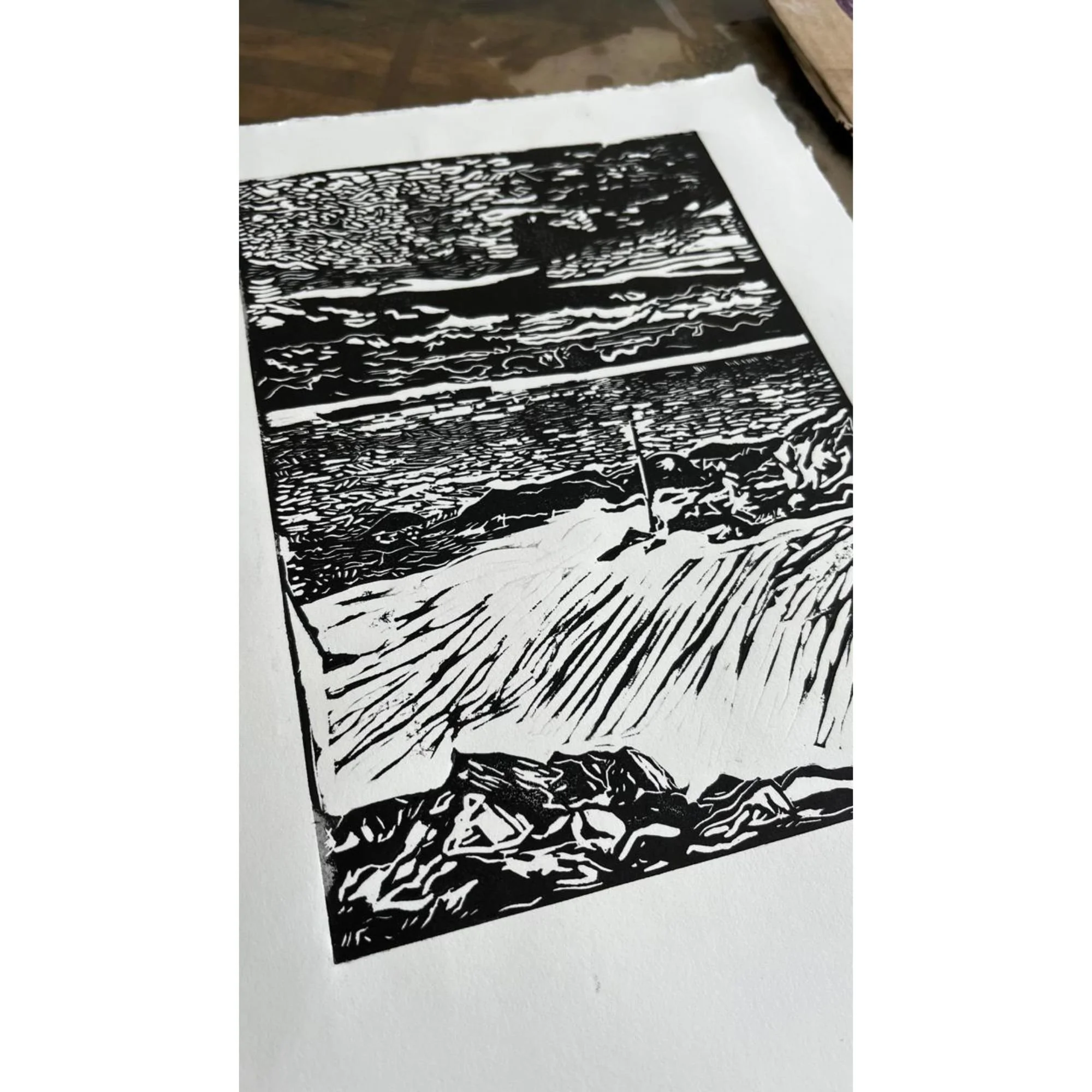 Sea Fishing Vũng Tàu Linocut Print | Vietnamese Coastal Relief Art